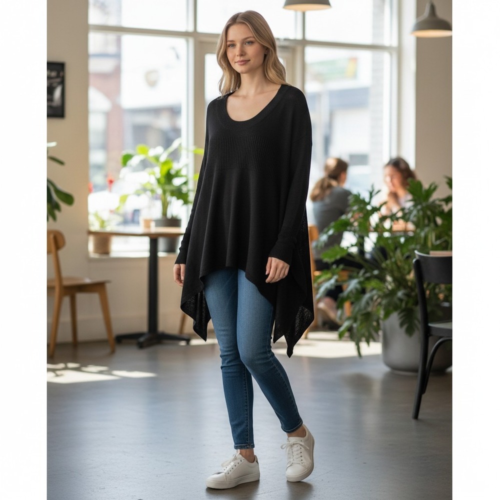 Vivienne Tam Sweater Womens Medium Black Sharkbite Hem Ramie Cotton Knit